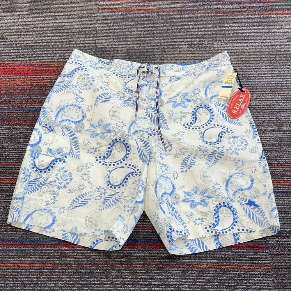 Tommy Bahama Blue and White Paisley Swim Board Shorts